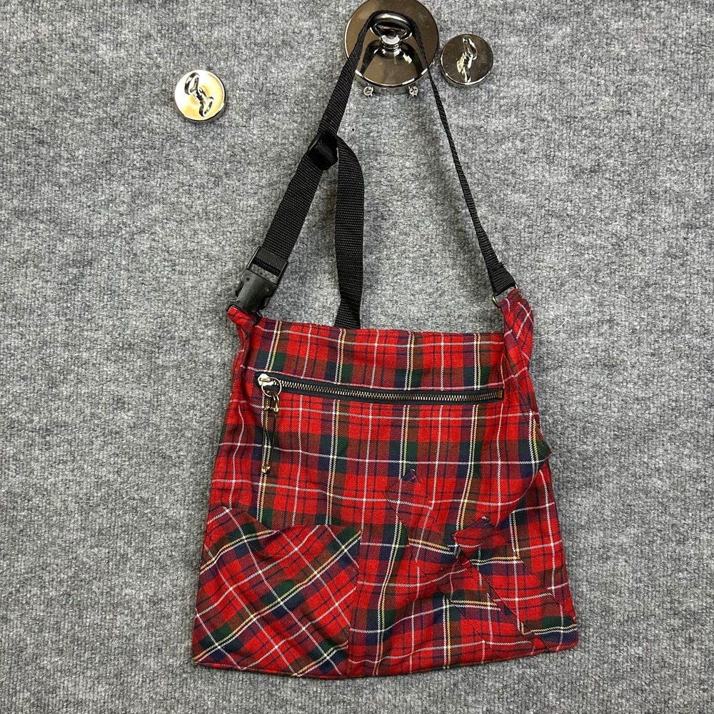 Vintage Crossbody Bag Red Tartan Plaid Zipper Pocket Adjustable Strap Grunge